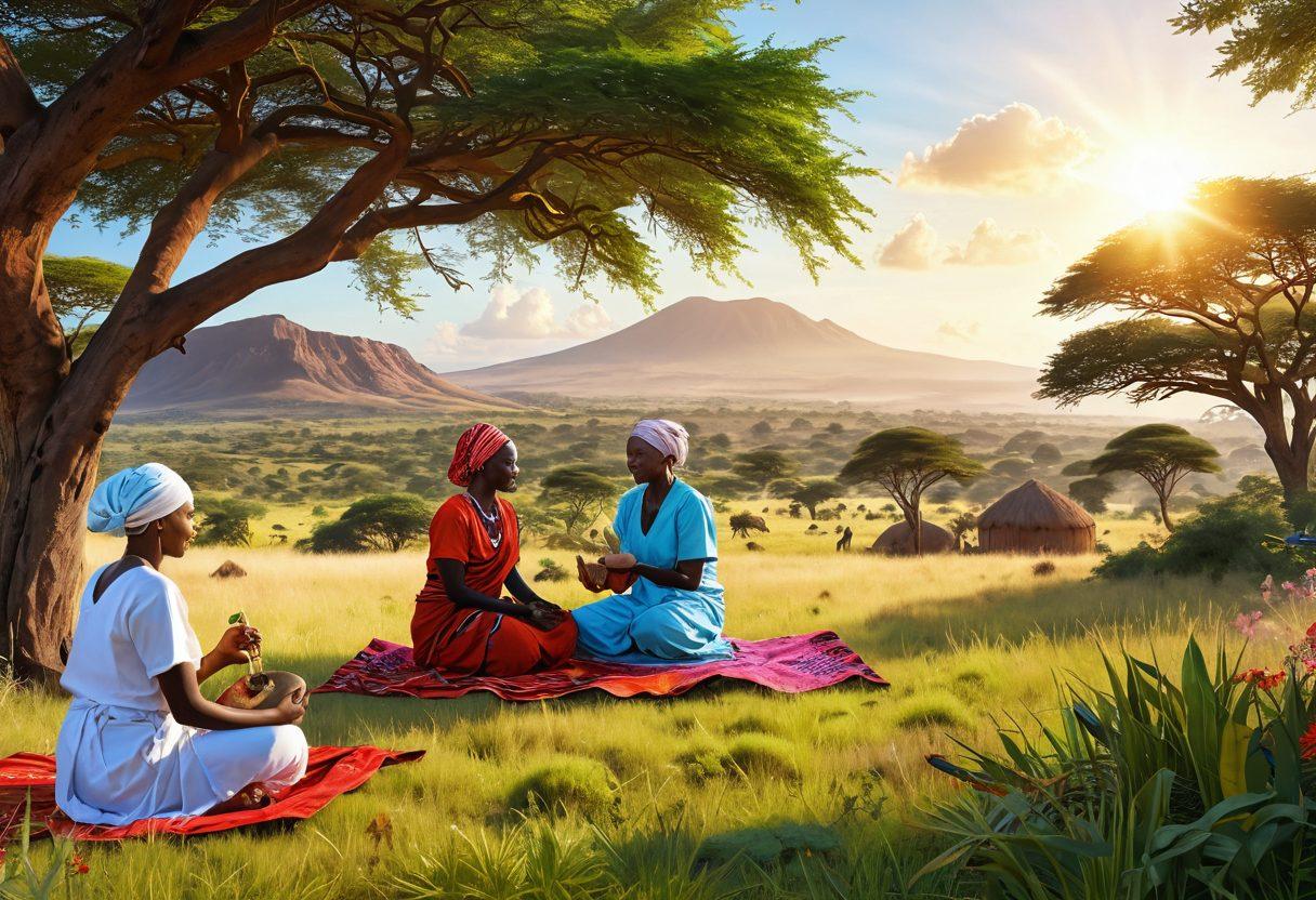 A serene Kenyan landscape with diverse people engaging in healthy activities, symbolizing cancer awareness and sexual health. Prominently feature a traditional healer and modern healthcare professional discussing wellness. Include vibrant Kenyan flora and fauna for a holistic vibe. Soft sunlight filtering through to create an uplifting atmosphere. super-realistic. vibrant colors. 3D.