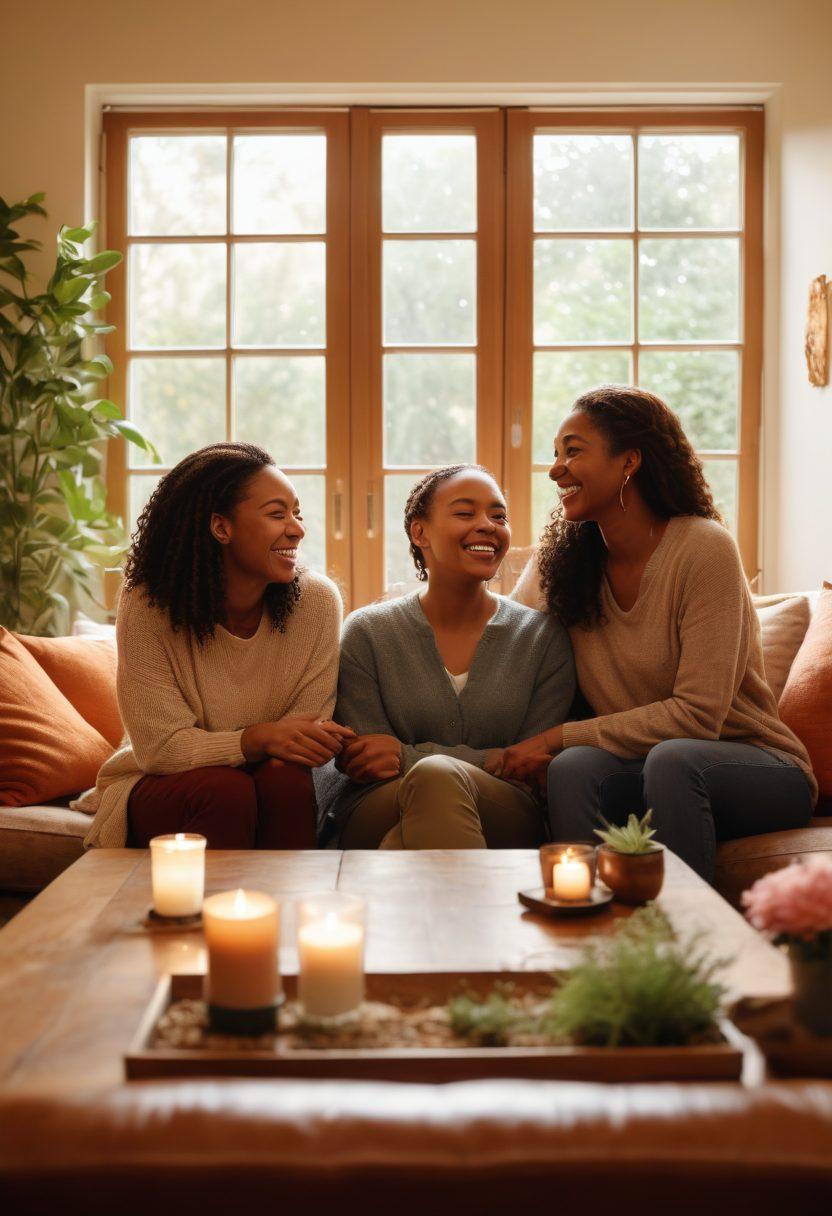 A warm, supportive gathering of diverse individuals in a cozy living room, sharing laughter and heartfelt conversations, symbolizing resilience through connection. Soft lighting illuminating their faces, with a background featuring inspirational quotes about strength and love. Include a window showing a peaceful garden outside, signifying hope and healing. super-realistic. warm tones. soft focus.