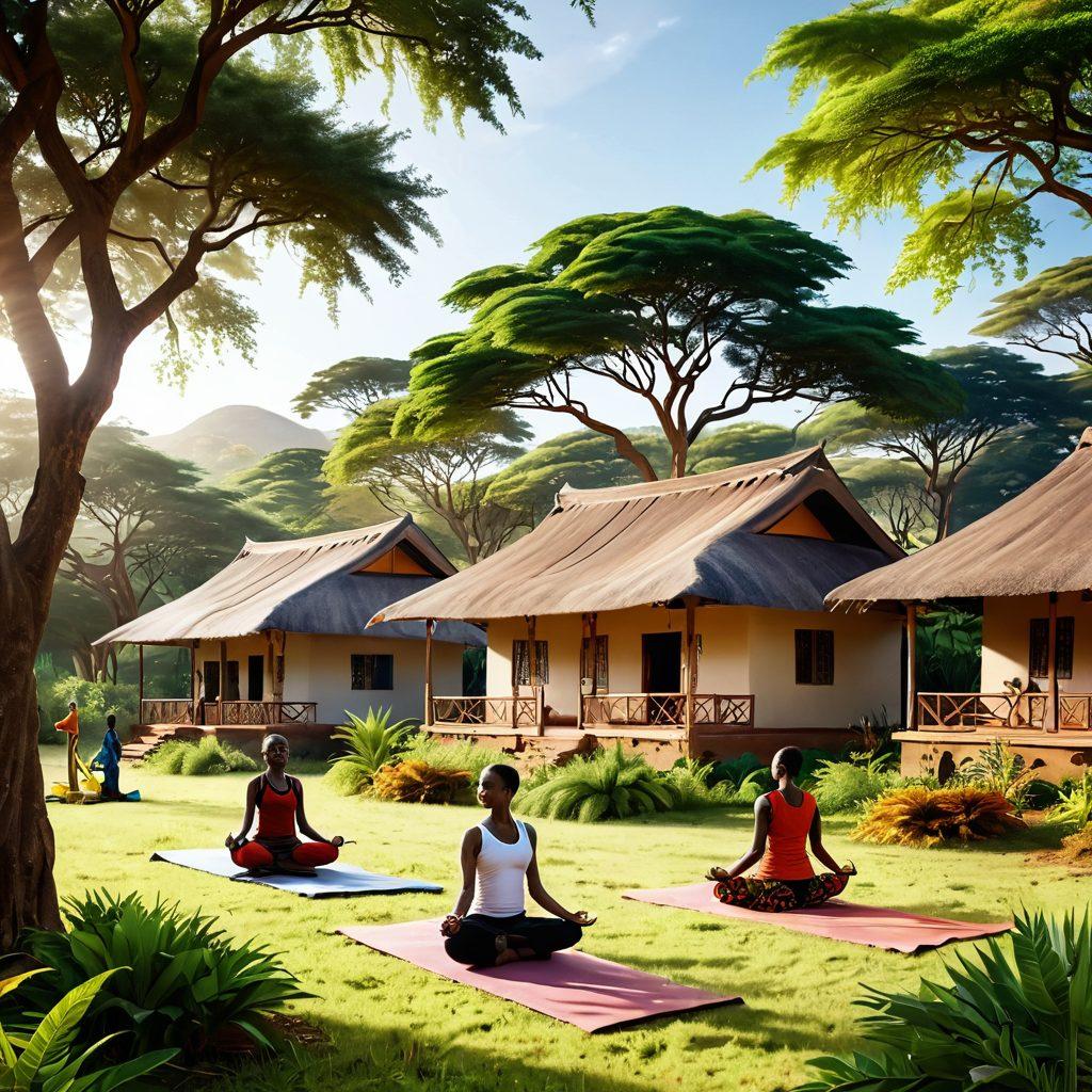 A serene Kenyan landscape featuring individuals engaged in activities that promote wellness, such as yoga and meditation, surrounded by lush greenery and traditional homes. The scene should also highlight cultural symbols of strength and resilience, like vibrant fabrics and communal gatherings. Soft sunlight filtering through trees, creating a warm, uplifting atmosphere. super-realistic. vibrant colors. 3D.